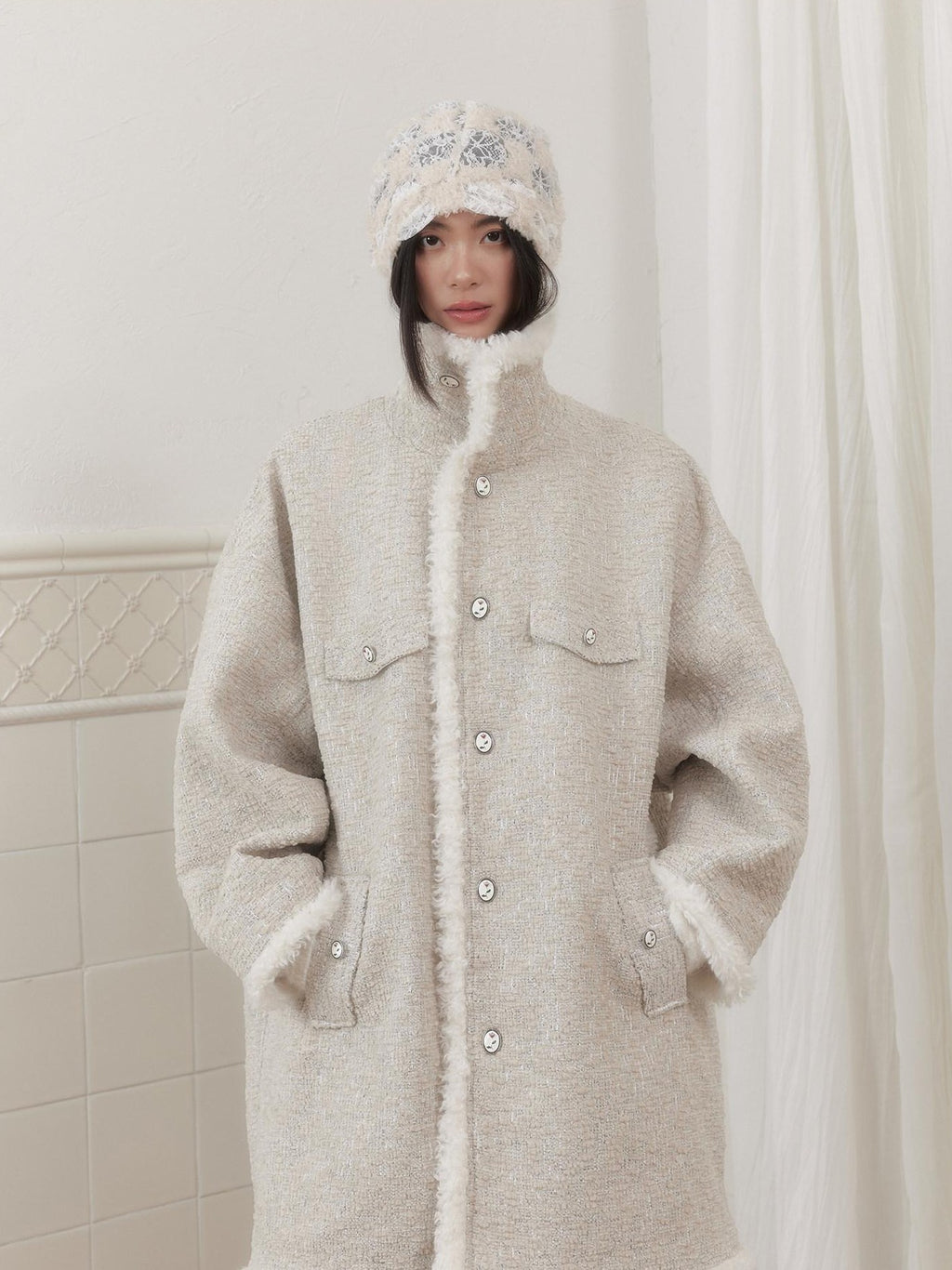 SENSELF Cream Vintage Fur Collar Aged Cocoon Women's Textured Wool Long Coats