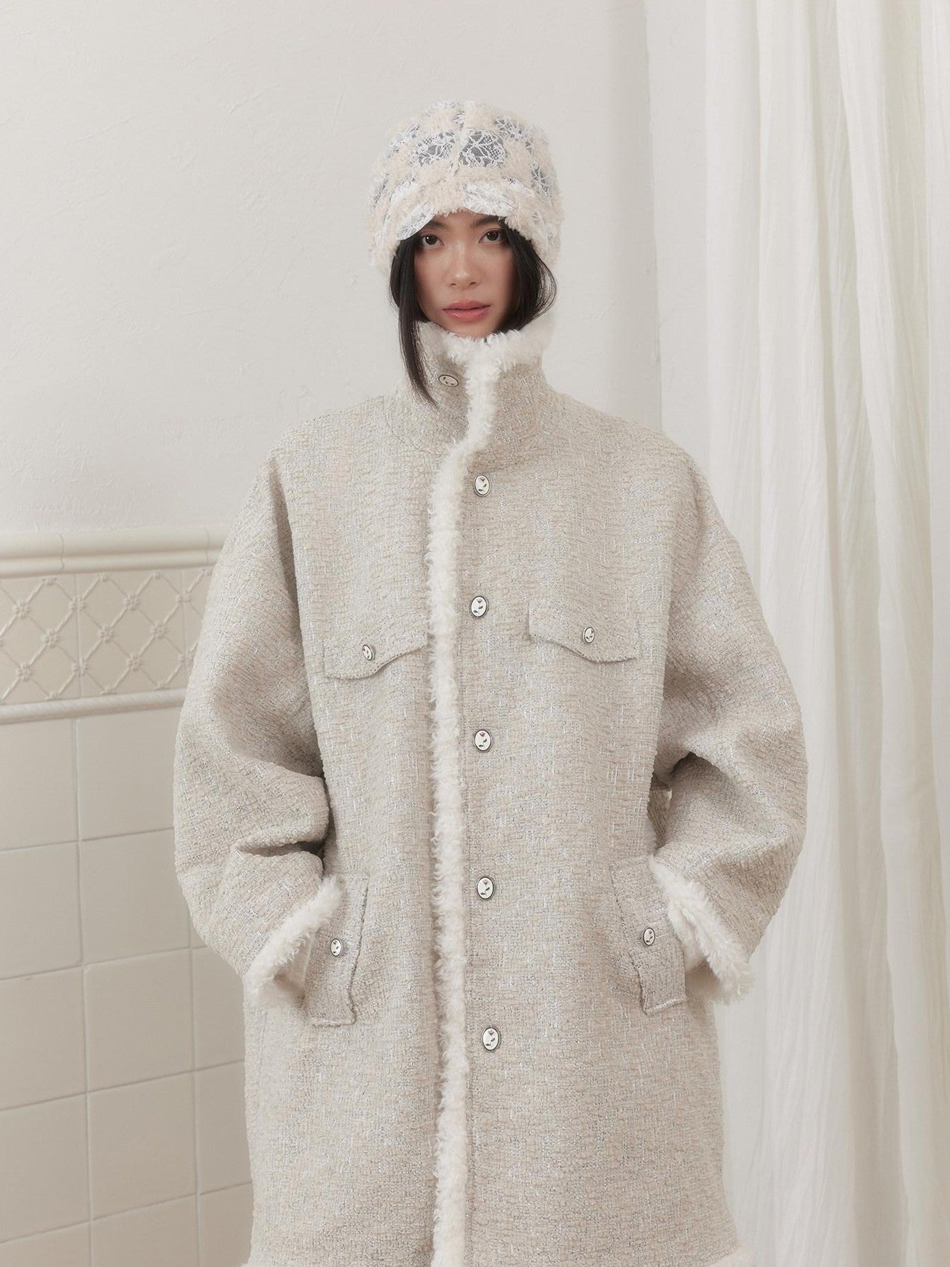 SENSELF Cream Vintage Fur Collar Aged Cocoon Women's Textured Wool Long Coats