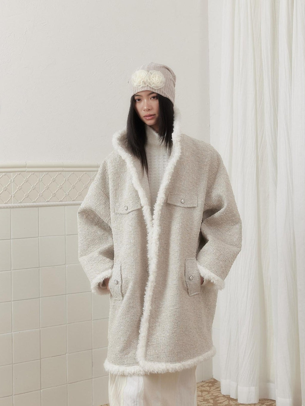 SENSELF Cream Vintage Fur Collar Aged Cocoon Women's Textured Wool Long Coats