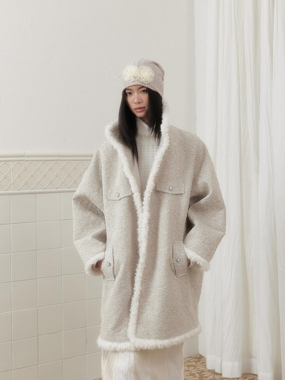 SENSELF Cream Vintage Fur Collar Aged Cocoon Women's Textured Wool Long Coats