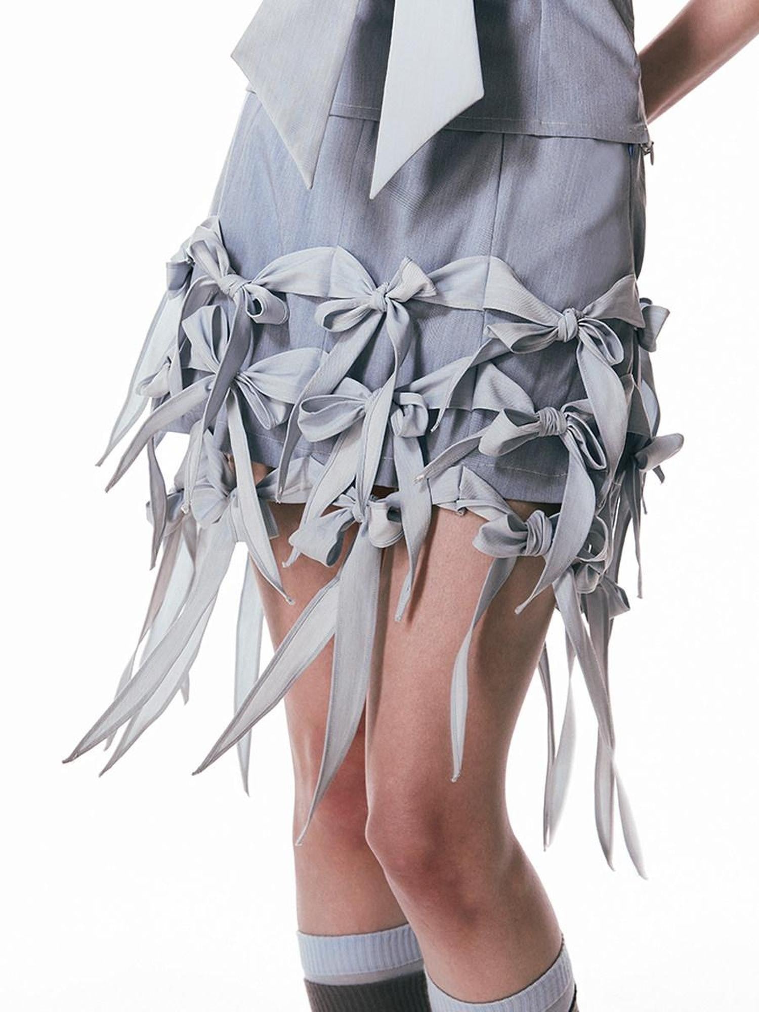 SENSELF Denim Blue Bow Hem Vintage Low Waist A Line Short Women's Denim Skorts