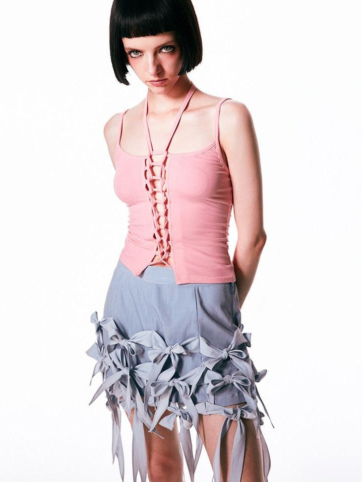 SENSELF Denim Blue Bow Hem Vintage Low Waist A Line Short Women's Denim Skorts