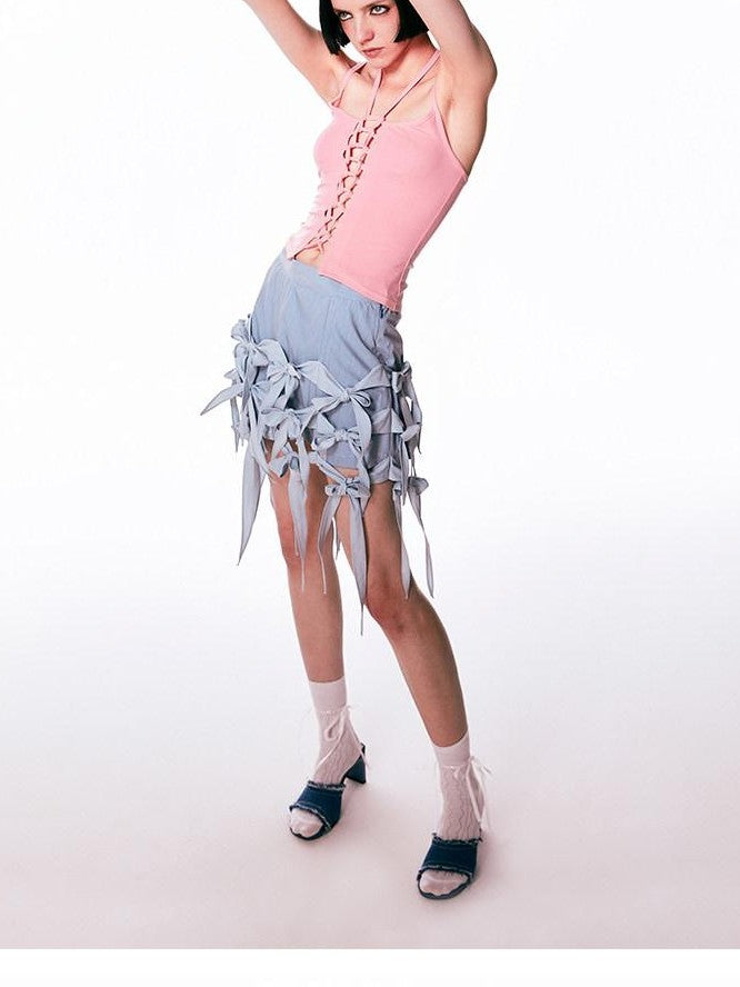 SENSELF Denim Blue Bow Hem Vintage Low Waist A Line Short Women's Denim Skorts