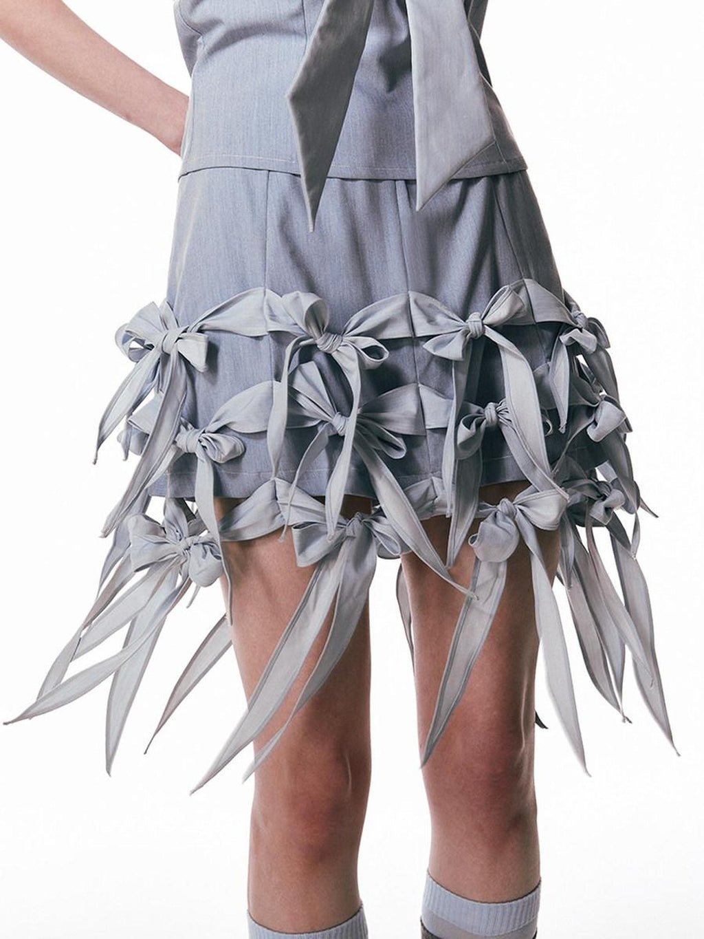 SENSELF Denim Blue Bow Hem Vintage Low Waist A Line Short Women's Denim Skorts