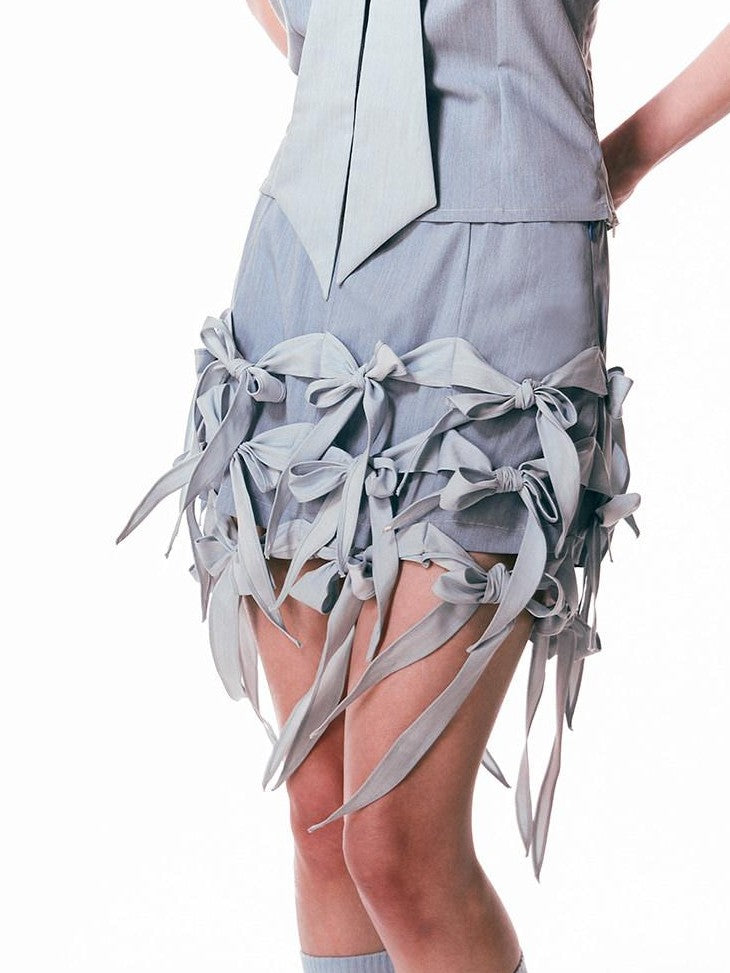 SENSELF Denim Blue Bow Hem Vintage Low Waist A Line Short Women's Denim Skorts