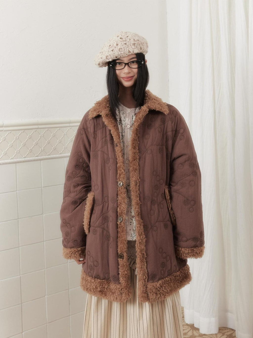 SENSELF Embroidered Quilted Spliced Fur Collar Women's Cotton Washed Puffer Jackets