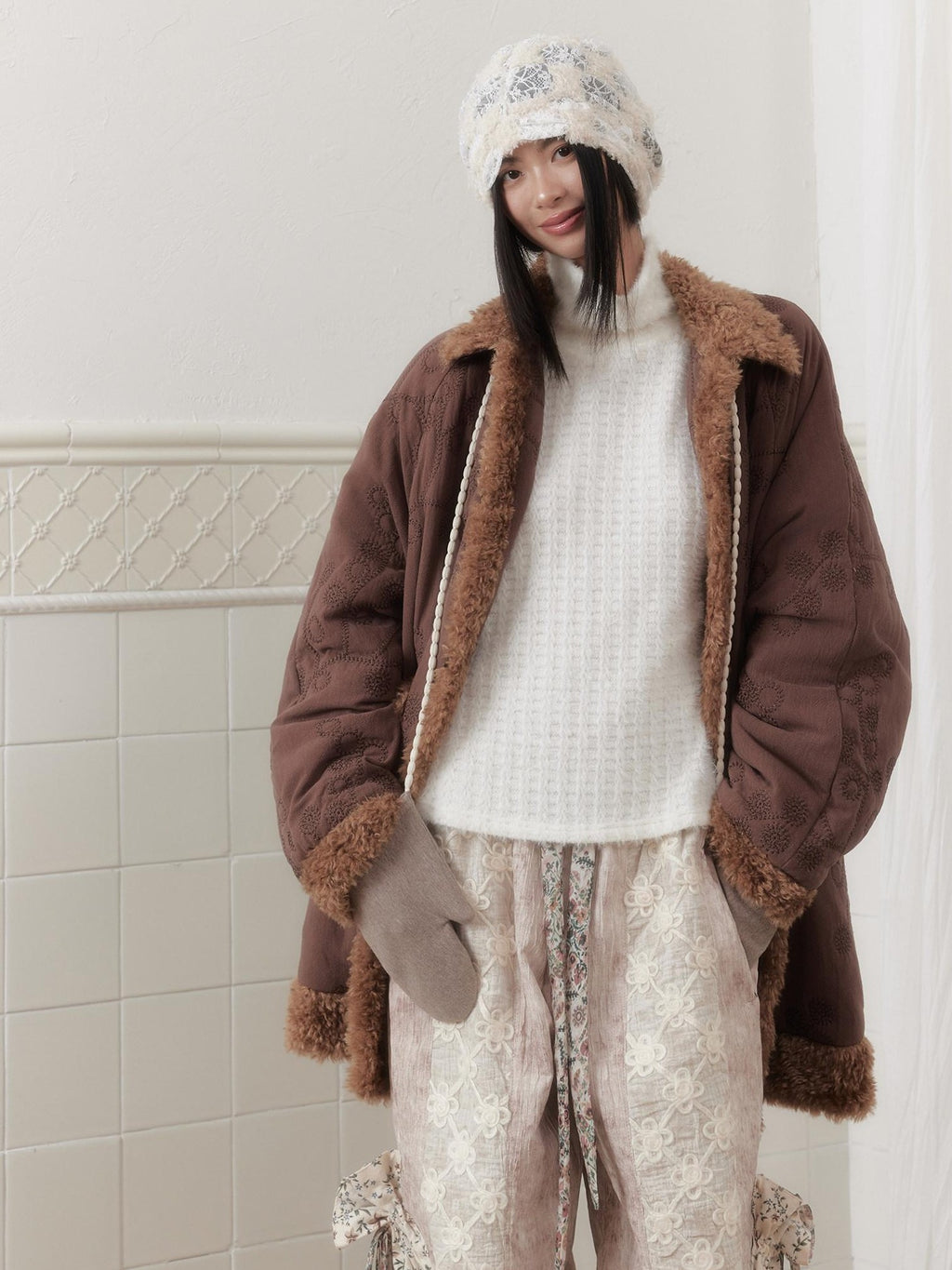 SENSELF Embroidered Quilted Spliced Fur Collar Women's Cotton Washed Puffer Jackets