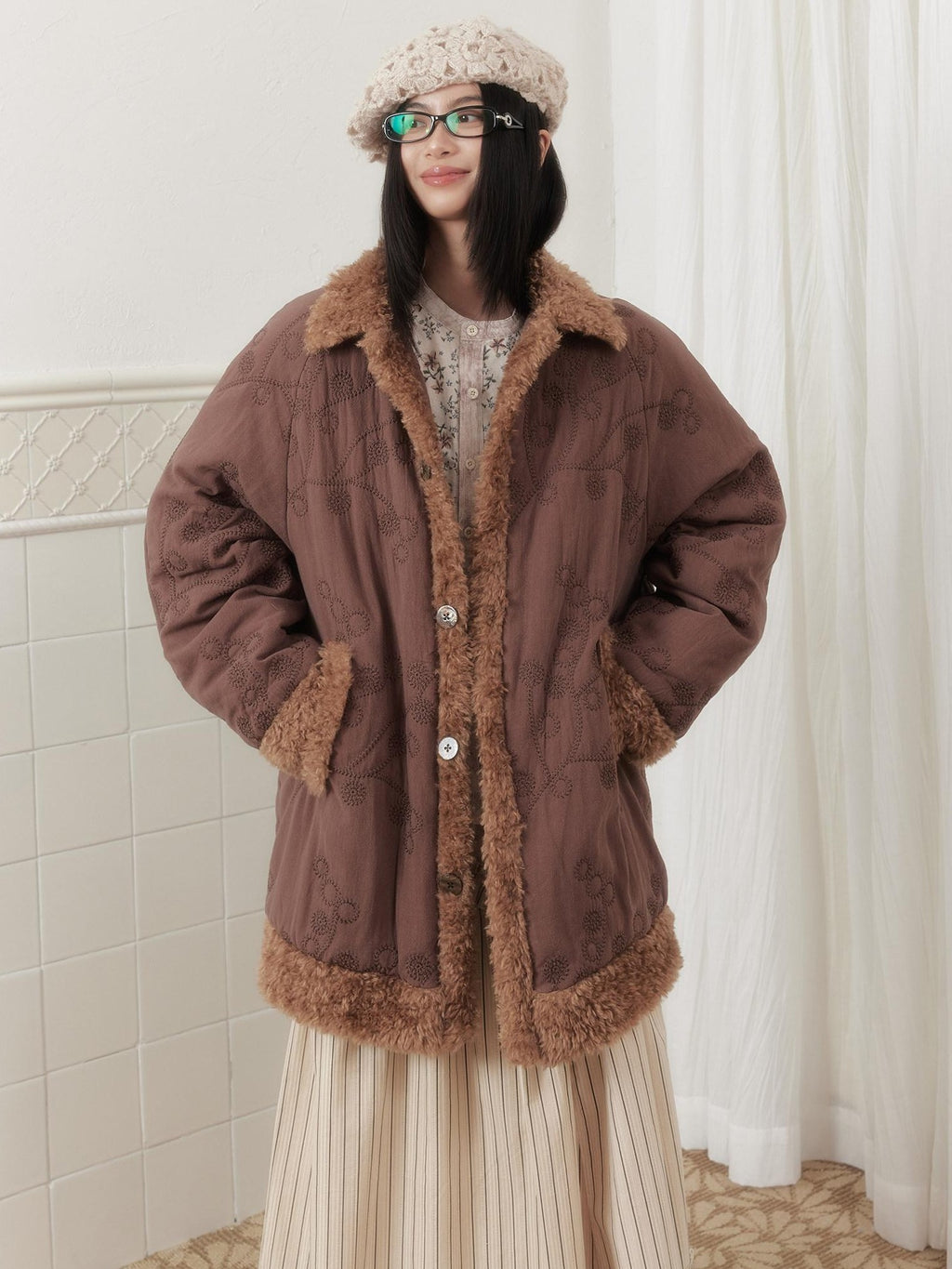 SENSELF Embroidered Quilted Spliced Fur Collar Women's Cotton Washed Puffer Jackets