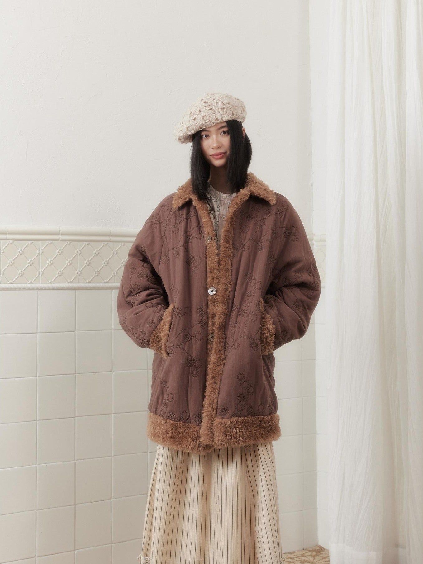 SENSELF Embroidered Quilted Spliced Fur Collar Women's Cotton Washed Puffer Jackets