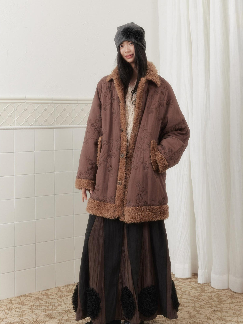 SENSELF Embroidered Quilted Spliced Fur Collar Women's Cotton Washed Puffer Jackets