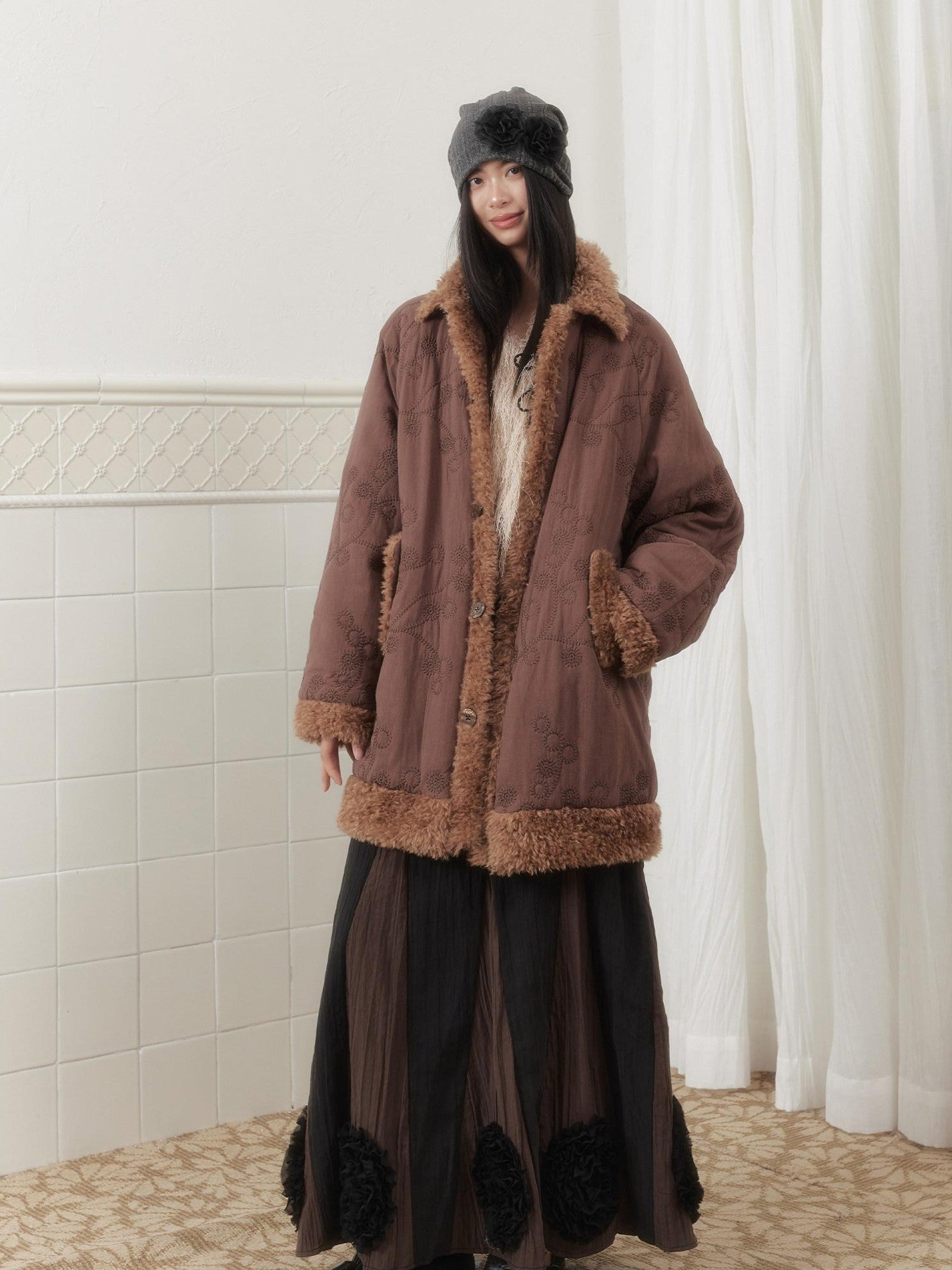 SENSELF Embroidered Quilted Spliced Fur Collar Women's Cotton Washed Puffer Jackets