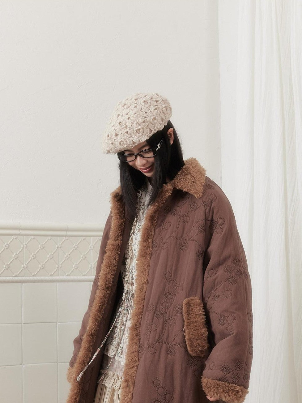 SENSELF Embroidered Quilted Spliced Fur Collar Women's Cotton Washed Puffer Jackets