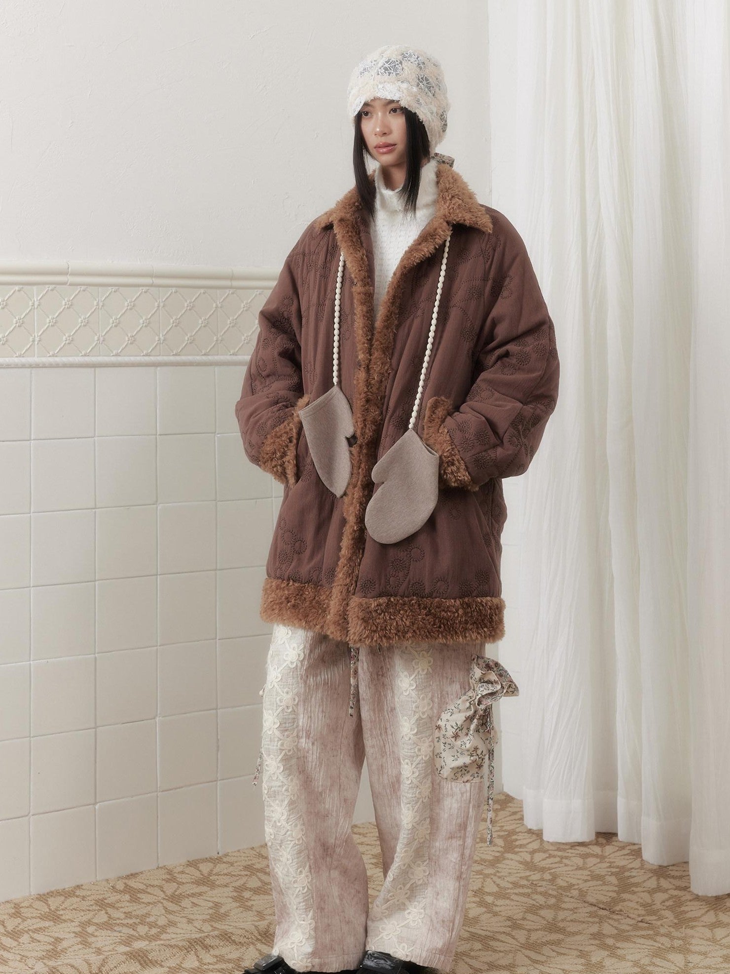 SENSELF Embroidered Quilted Spliced Fur Collar Women's Cotton Washed Puffer Jackets