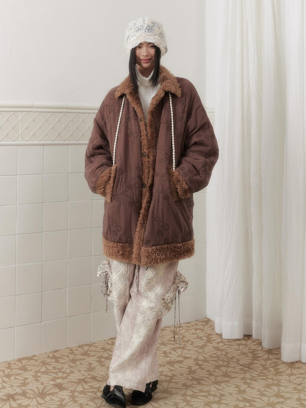 SENSELF Embroidered Quilted Spliced Fur Collar Women's Cotton Washed Puffer Jackets