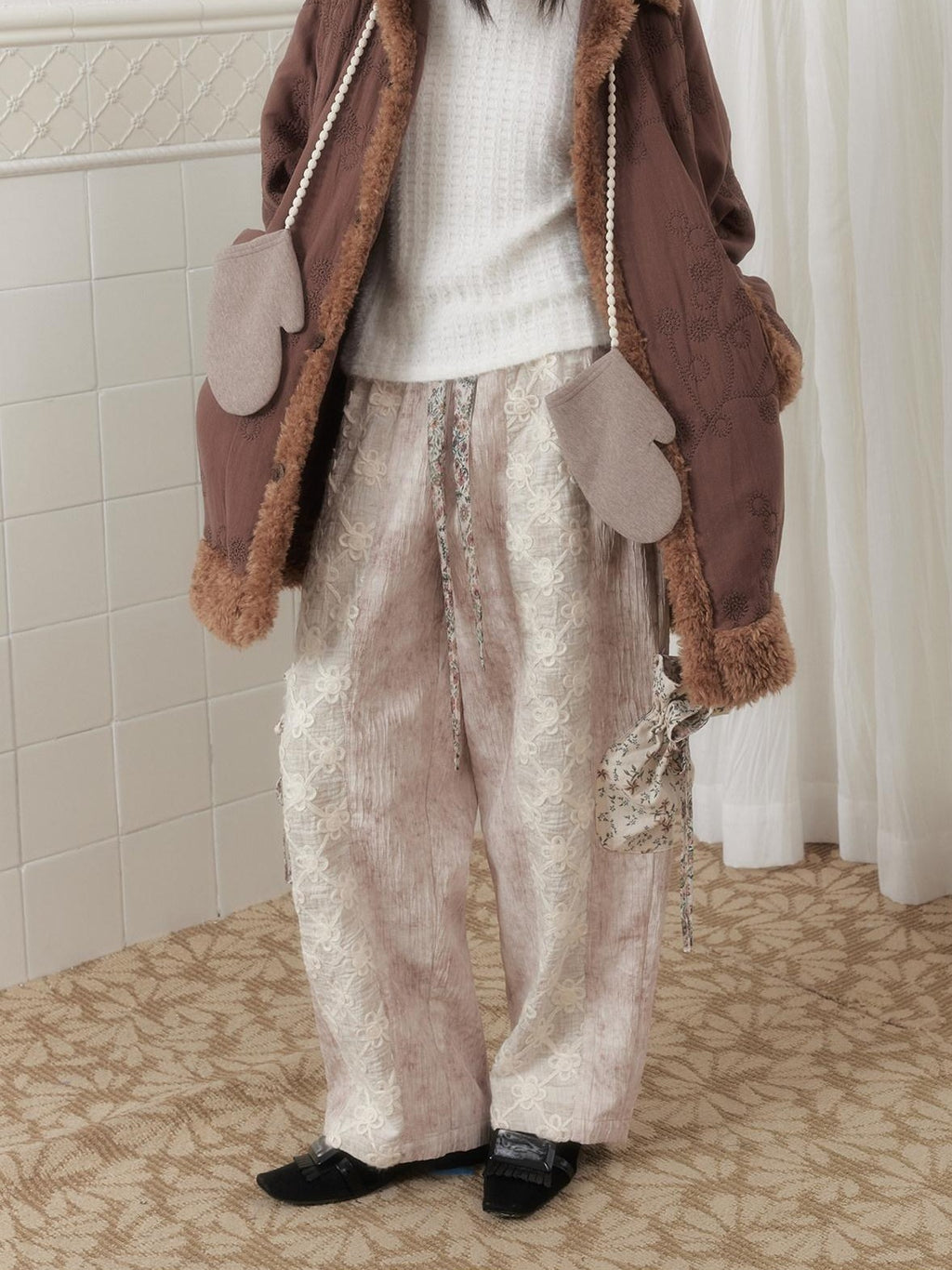 SENSELF Embroidered Quilted Spliced Fur Collar Women's Cotton Washed Puffer Jackets