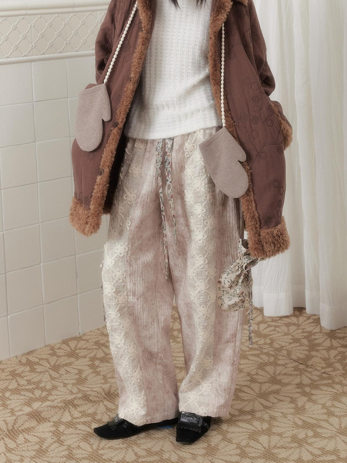 SENSELF Embroidered Quilted Spliced Fur Collar Women's Cotton Washed Puffer Jackets
