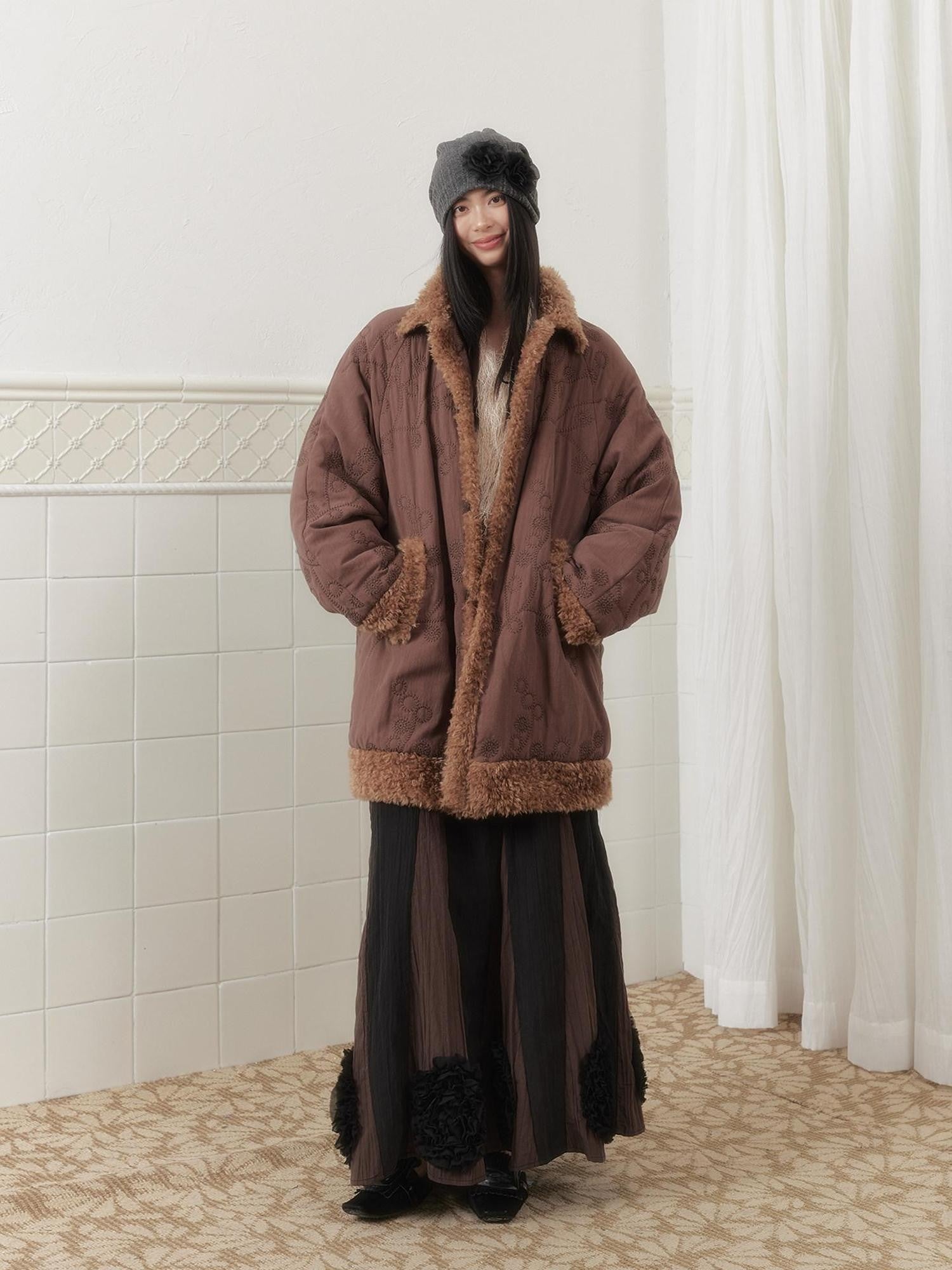 SENSELF Embroidered Quilted Spliced Fur Collar Women's Cotton Washed Puffer Jackets