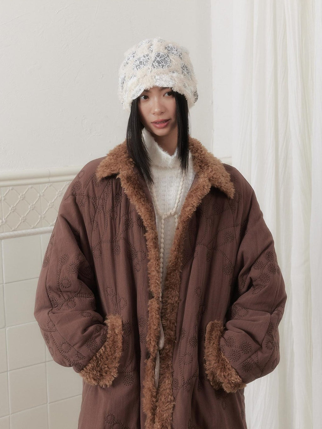 SENSELF Embroidered Quilted Spliced Fur Collar Women's Cotton Washed Puffer Jackets