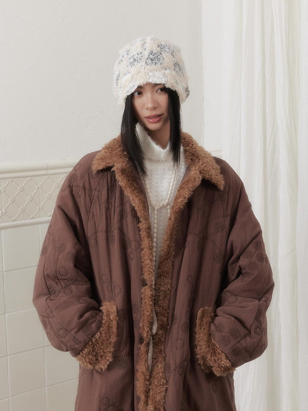 SENSELF Embroidered Quilted Spliced Fur Collar Women's Cotton Washed Puffer Jackets