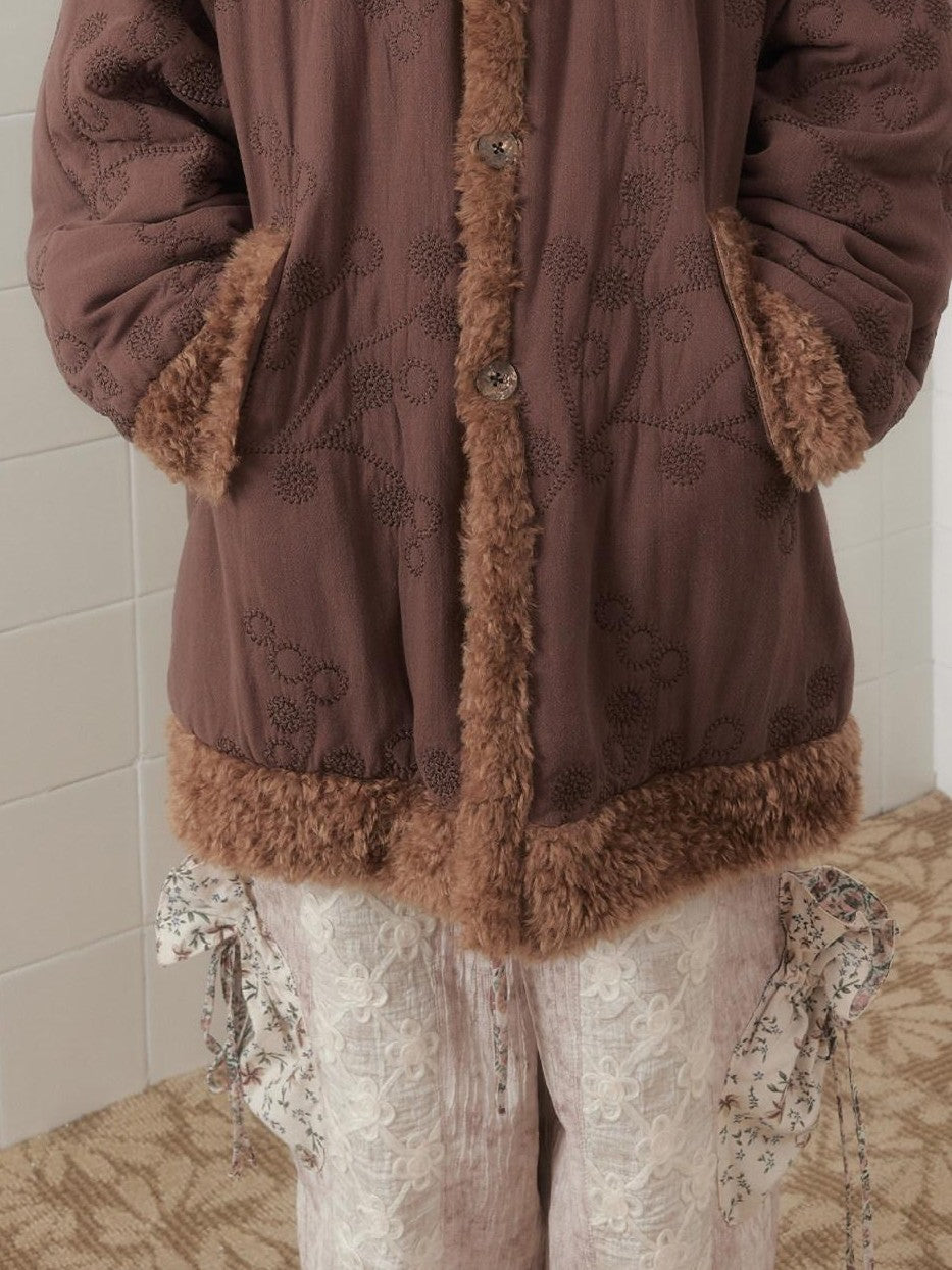 SENSELF Embroidered Quilted Spliced Fur Collar Women's Cotton Washed Puffer Jackets