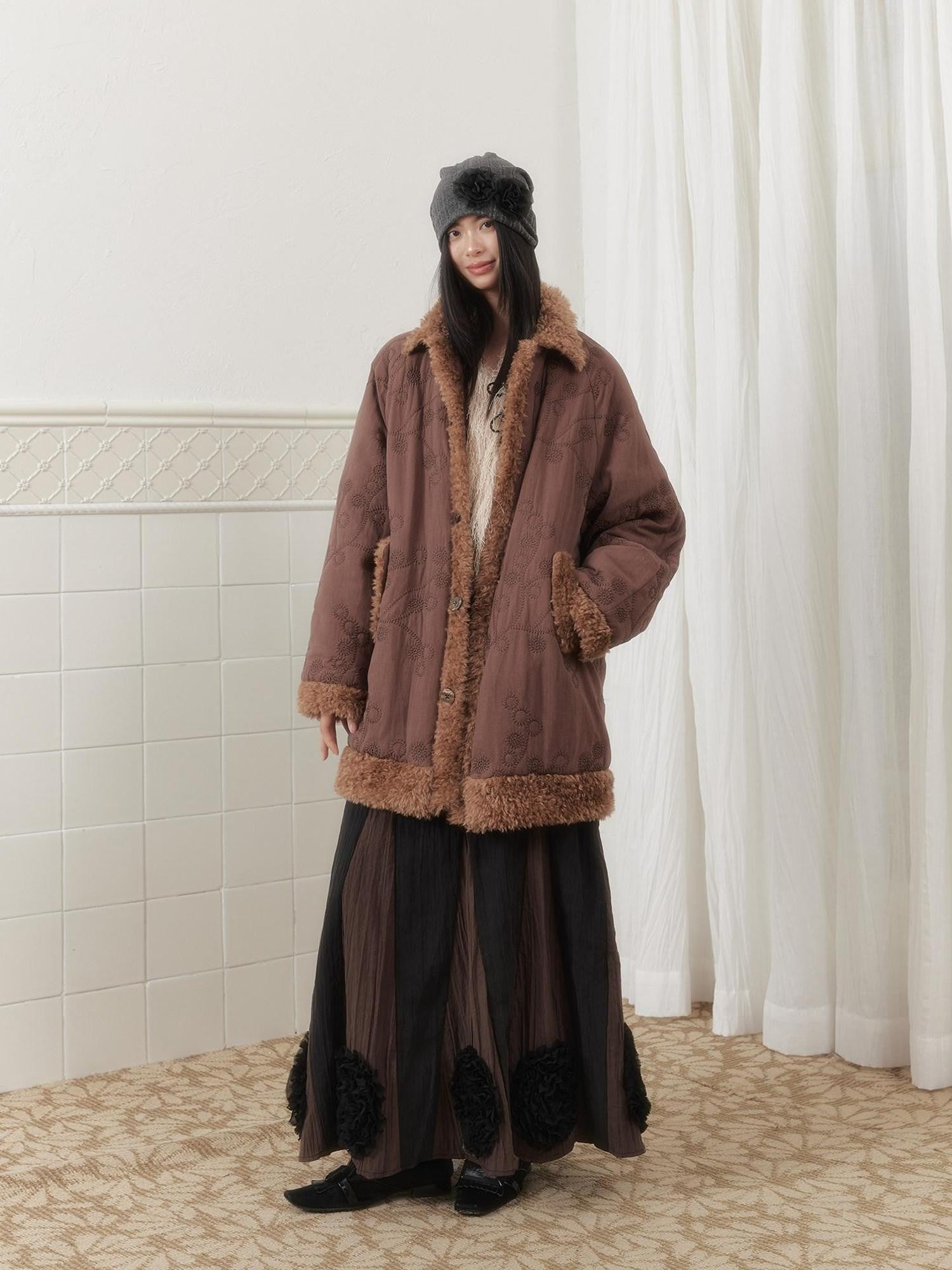 SENSELF Embroidered Quilted Spliced Fur Collar Women's Cotton Washed Puffer Jackets