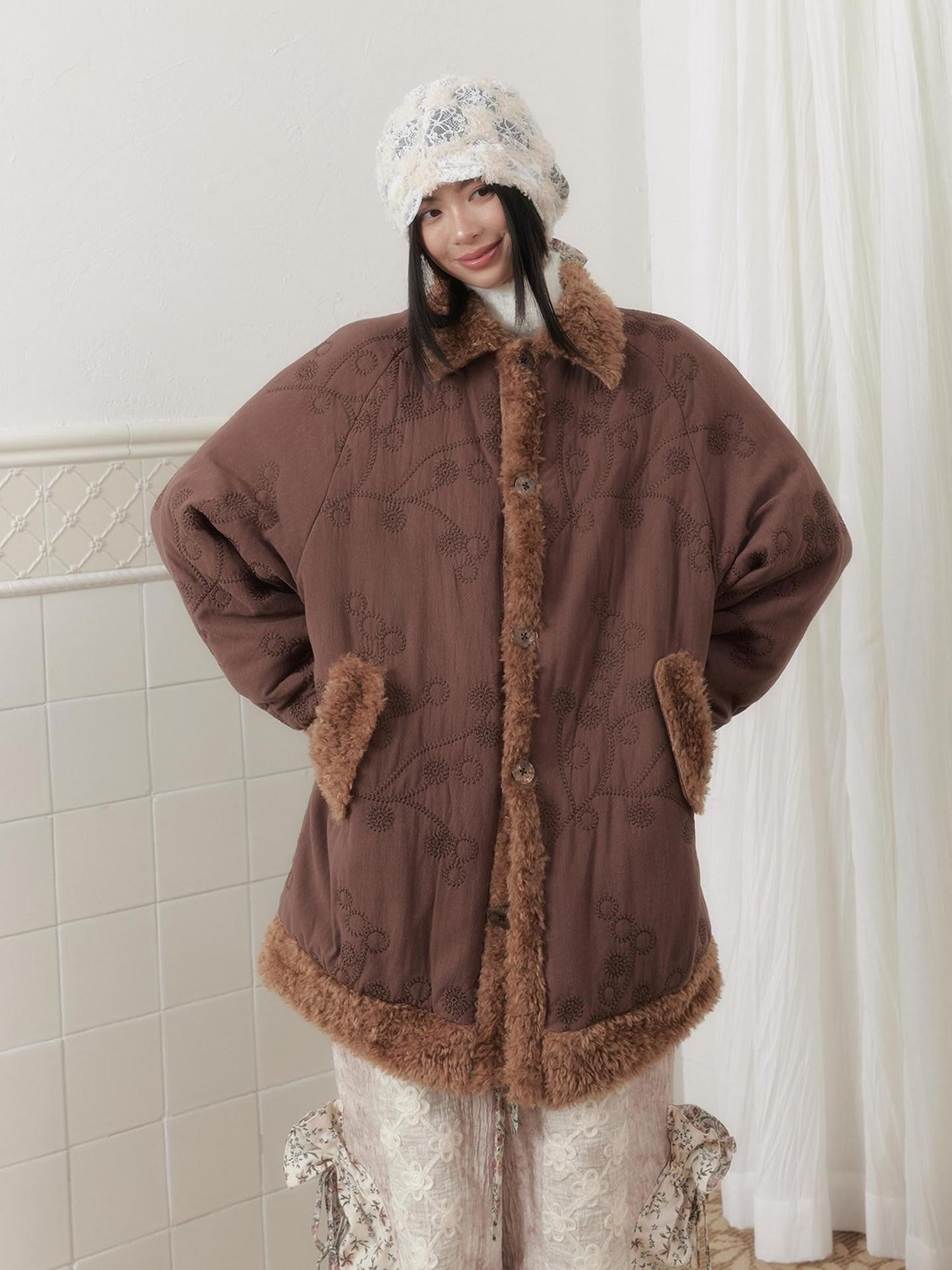 SENSELF Embroidered Quilted Spliced Fur Collar Women's Cotton Washed Puffer Jackets