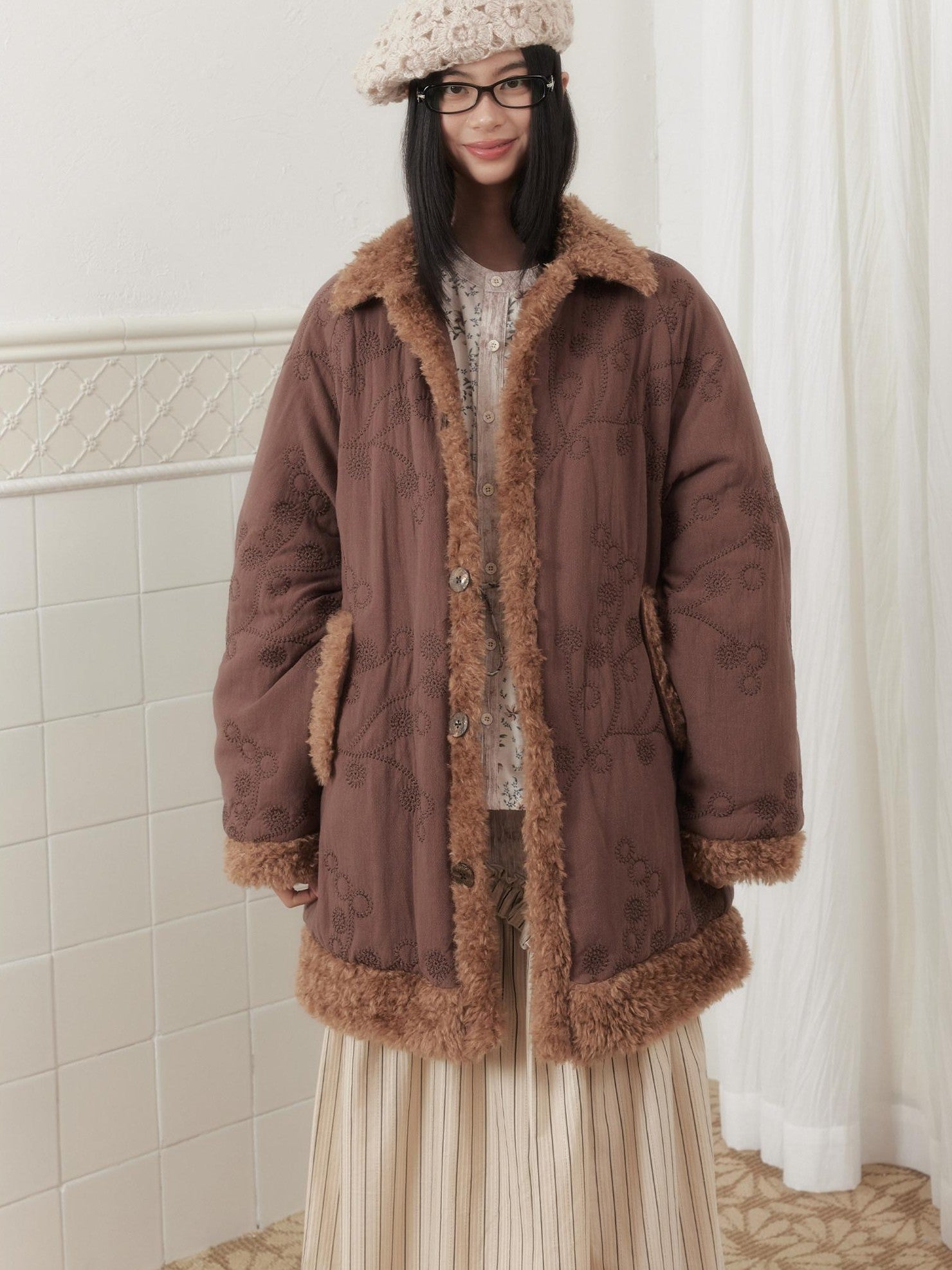 SENSELF Embroidered Quilted Spliced Fur Collar Women's Cotton Washed Puffer Jackets