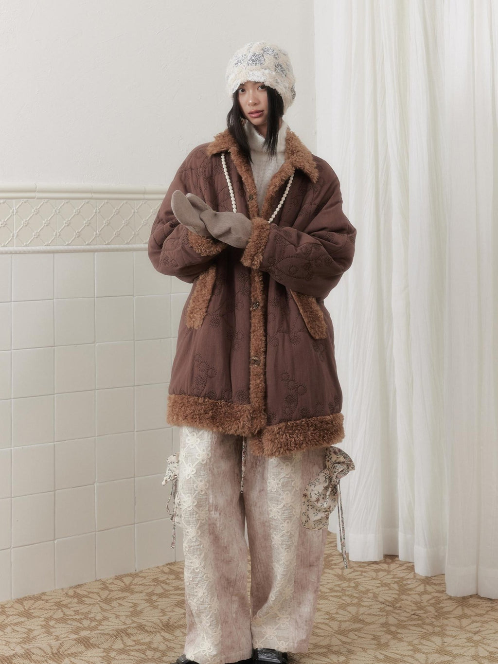 SENSELF Embroidered Quilted Spliced Fur Collar Women's Cotton Washed Puffer Jackets
