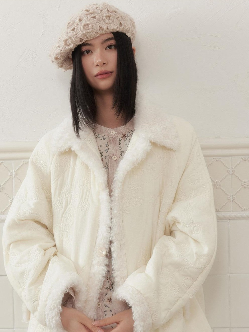 SENSELF Faux Fur Trim Embroidered New Chinese Style Women's Quilted Puffer Jackets