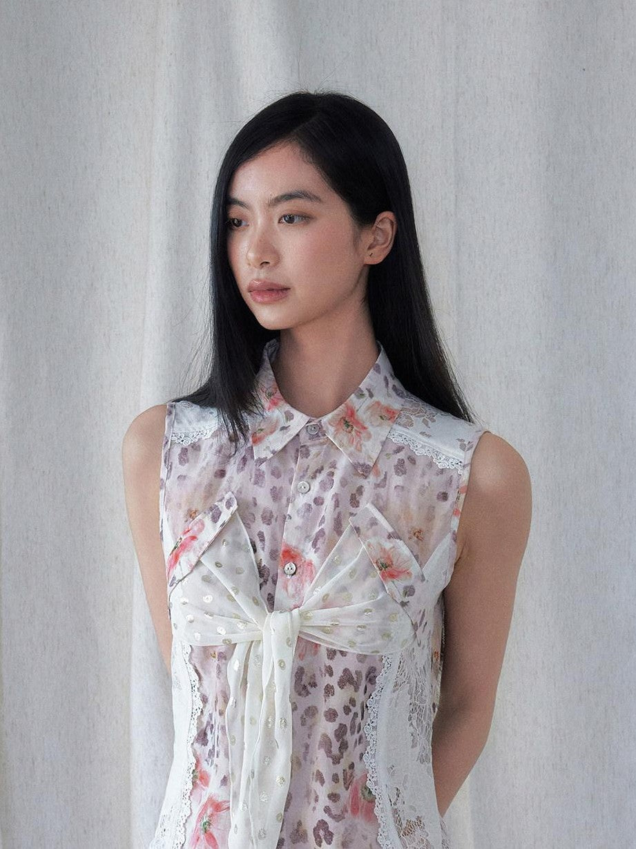 SENSELF Floral Leopard Print Lace Tie Front Sleeveless Women's Blouses