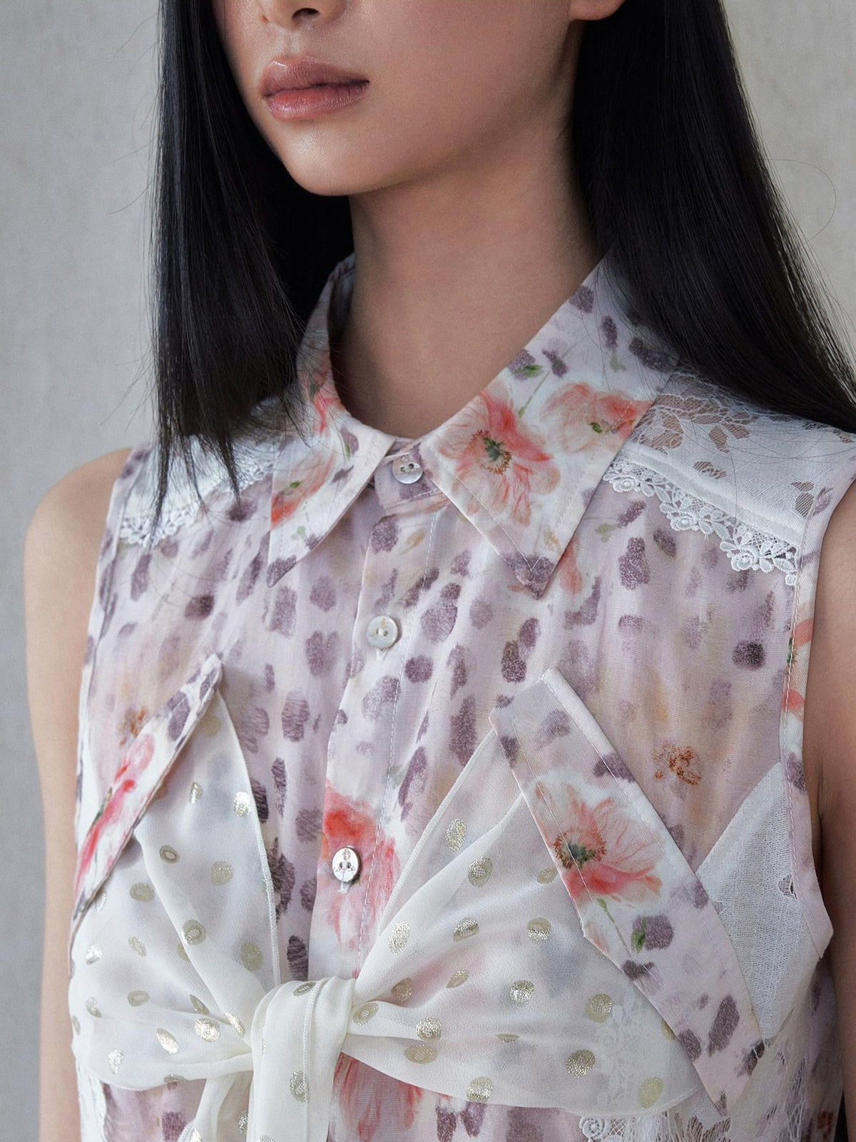 SENSELF Floral Leopard Print Lace Tie Front Sleeveless Women's Blouses