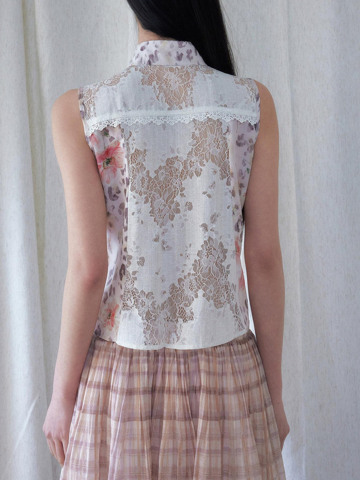 SENSELF Floral Leopard Print Lace Tie Front Sleeveless Women's Blouses