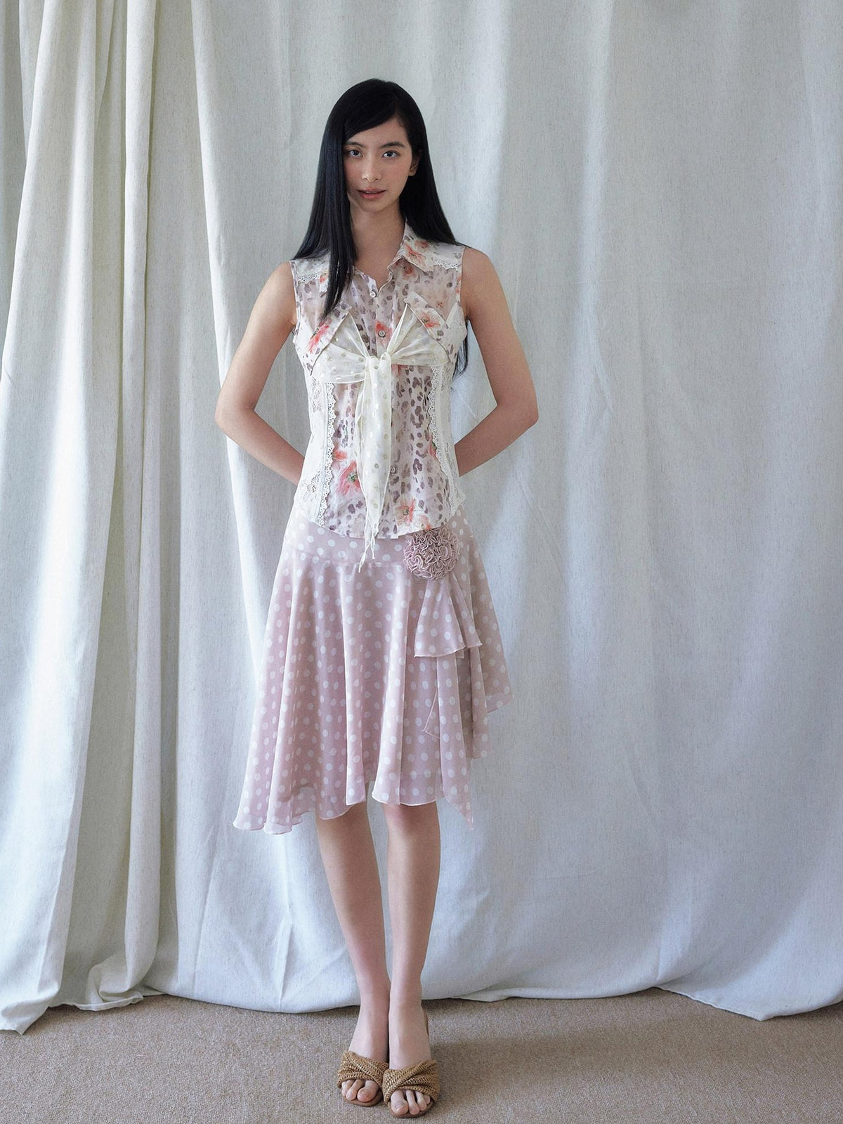 SENSELF Floral Leopard Print Lace Tie Front Sleeveless Women's Blouses