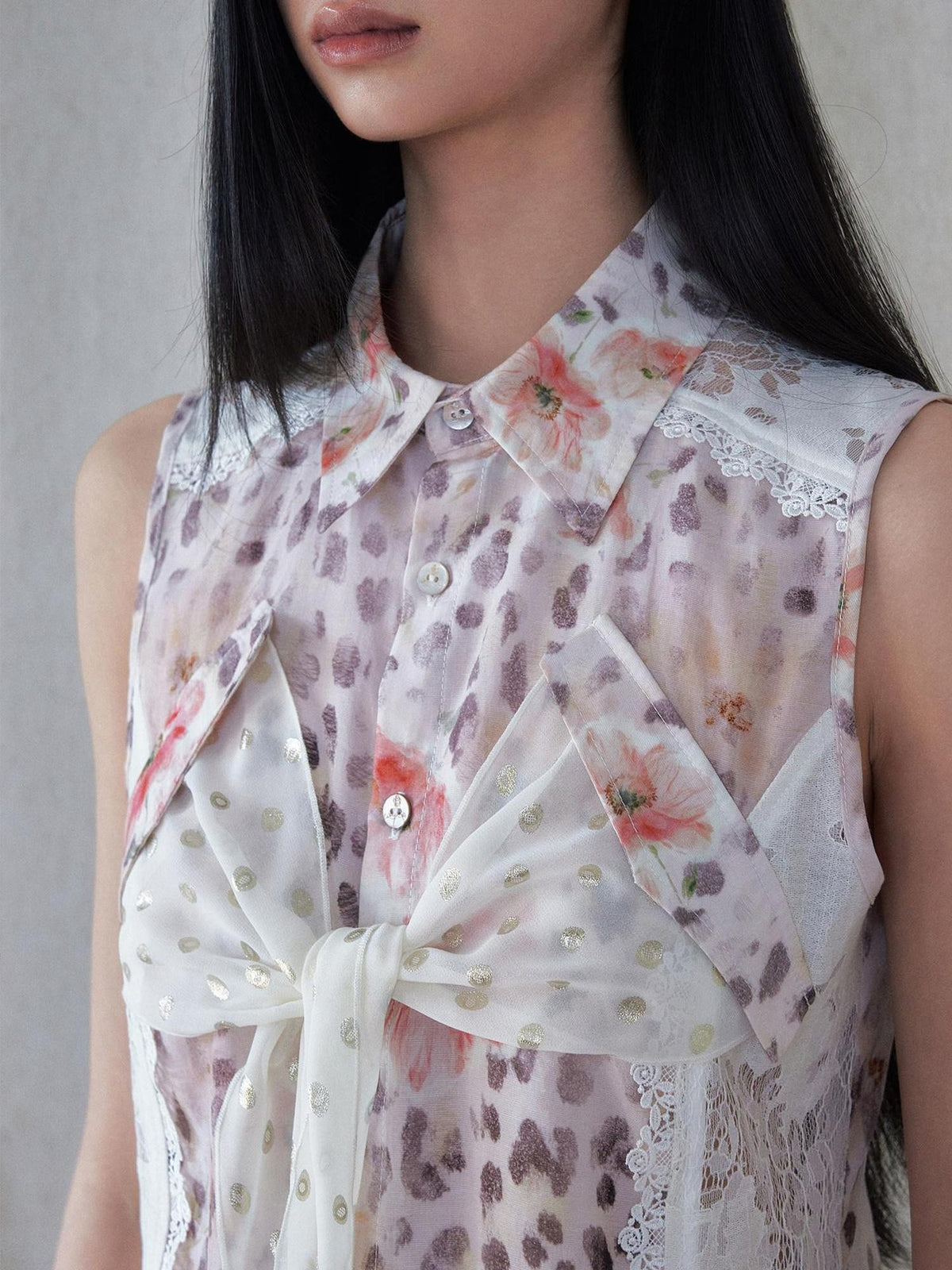 SENSELF Floral Leopard Print Lace Tie Front Sleeveless Women's Blouses