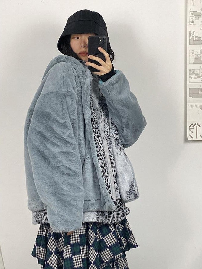 SENSELF Gray Blue Snow Leopard Print Women's Silky Plush Fleece Jackets