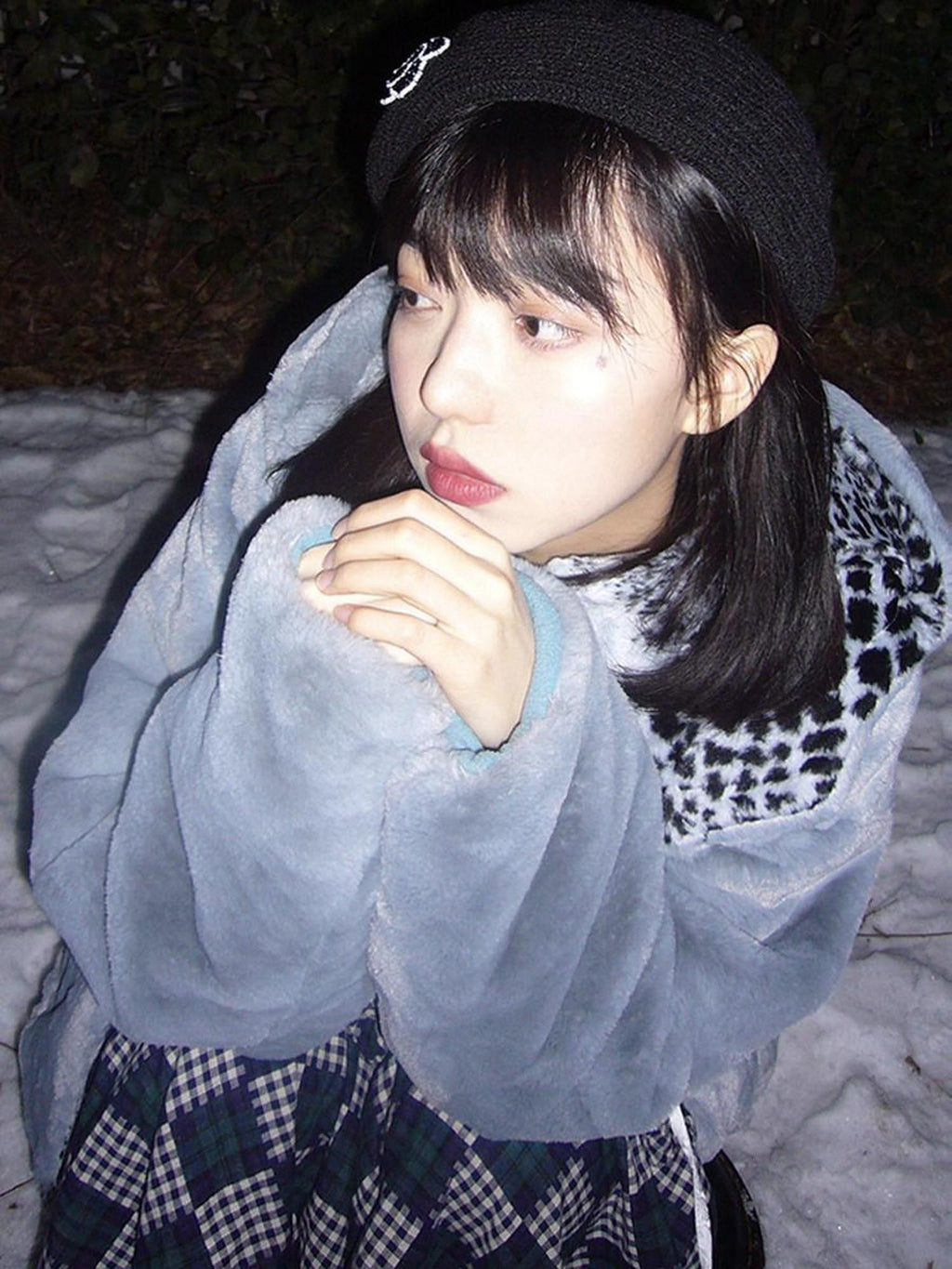SENSELF Gray Blue Snow Leopard Print Women's Silky Plush Fleece Jackets