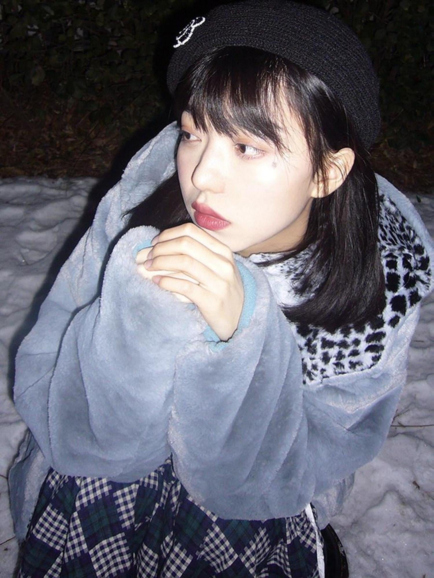 SENSELF Gray Blue Snow Leopard Print Women's Silky Plush Fleece Jackets