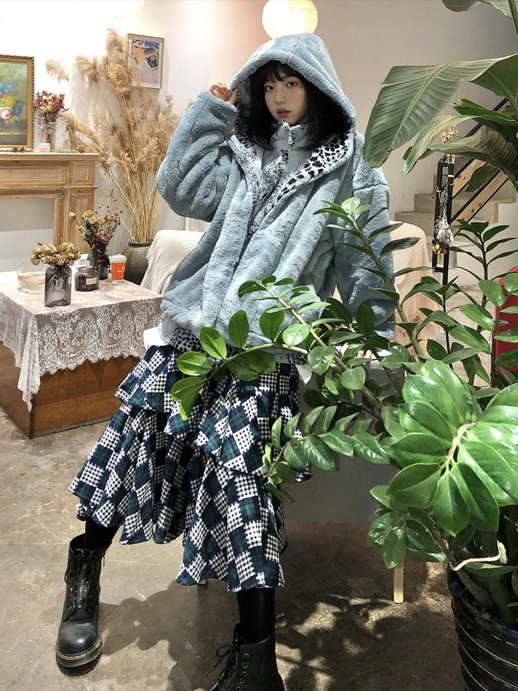 SENSELF Gray Blue Snow Leopard Print Women's Silky Plush Fleece Jackets