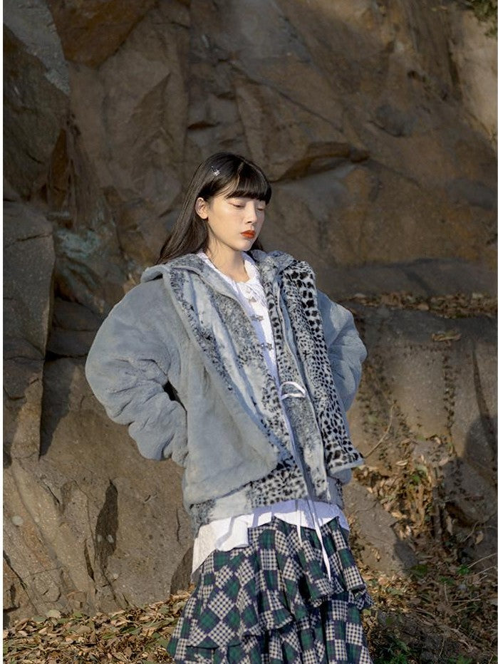 SENSELF Gray Blue Snow Leopard Print Women's Silky Plush Fleece Jackets