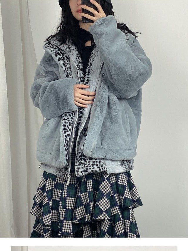 SENSELF Gray Blue Snow Leopard Print Women's Silky Plush Fleece Jackets