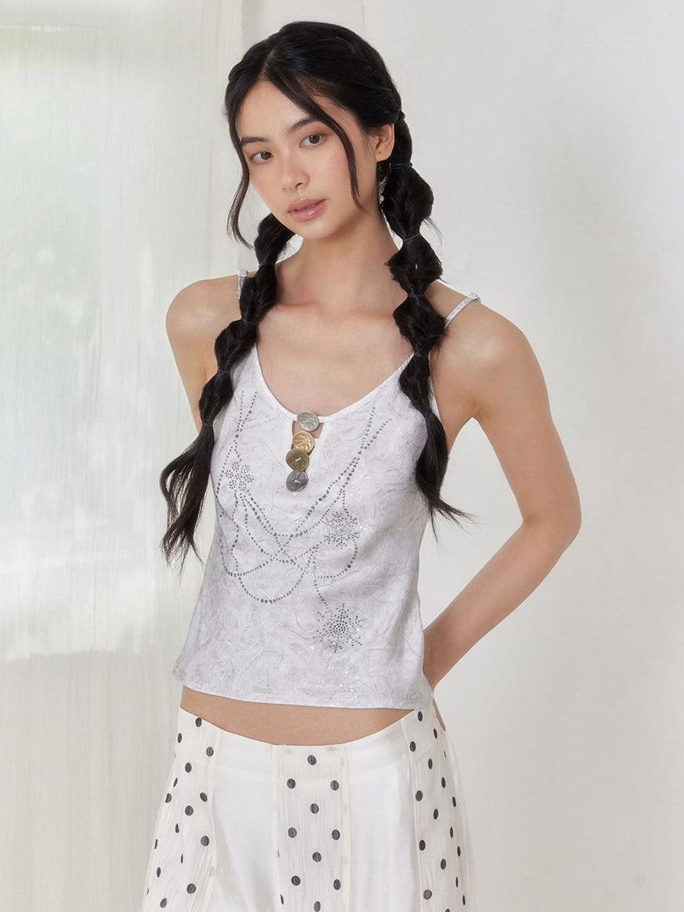 SENSELF Gray Silver Sequin Rhinestone Necklace Print Button Cutout Women's Camisoles