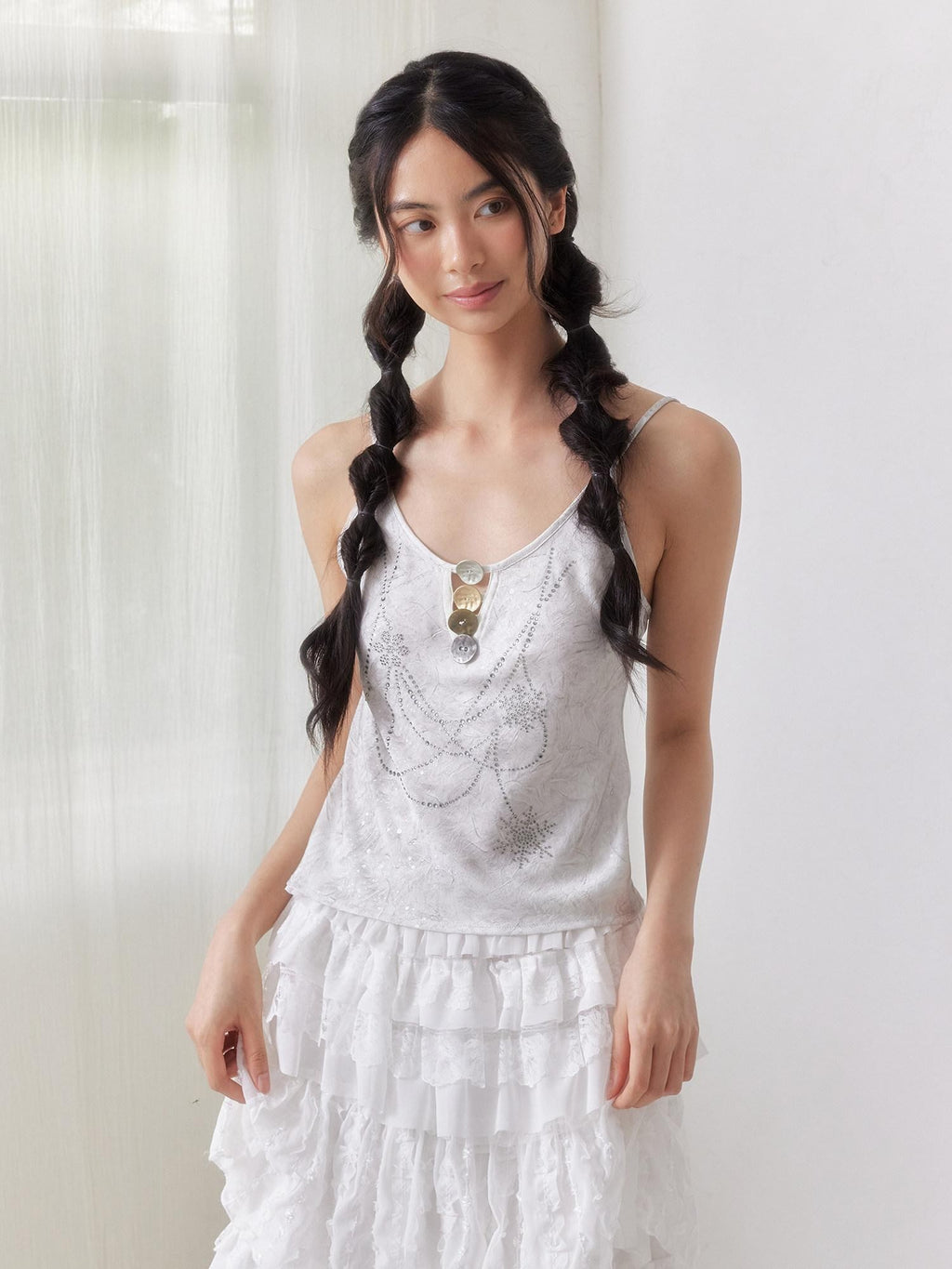 SENSELF Gray Silver Sequin Rhinestone Necklace Print Button Cutout Women's Camisoles