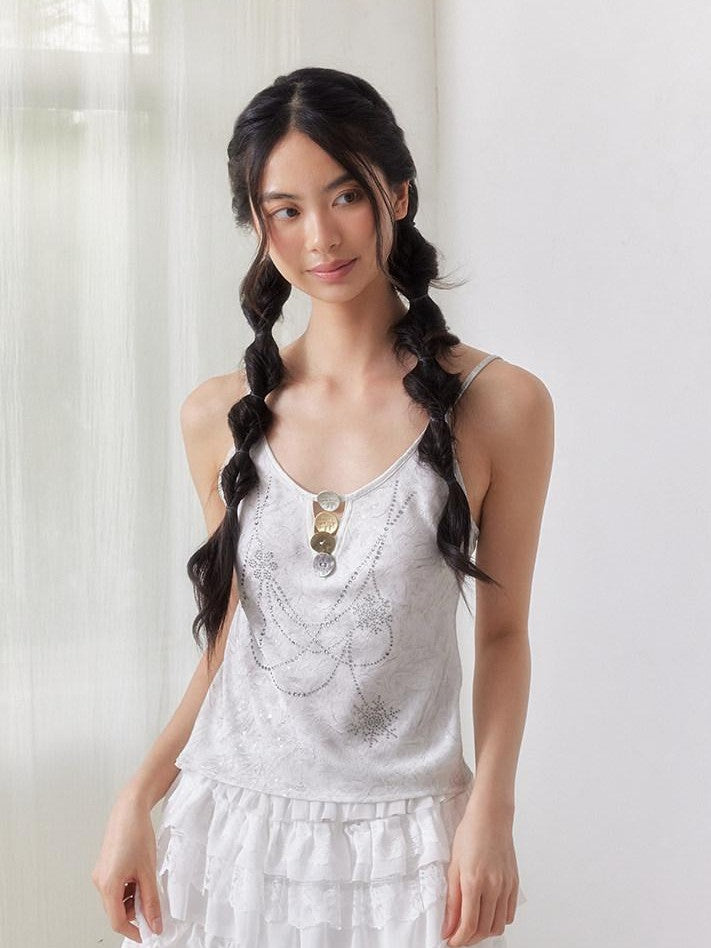 SENSELF Gray Silver Sequin Rhinestone Necklace Print Button Cutout Women's Camisoles