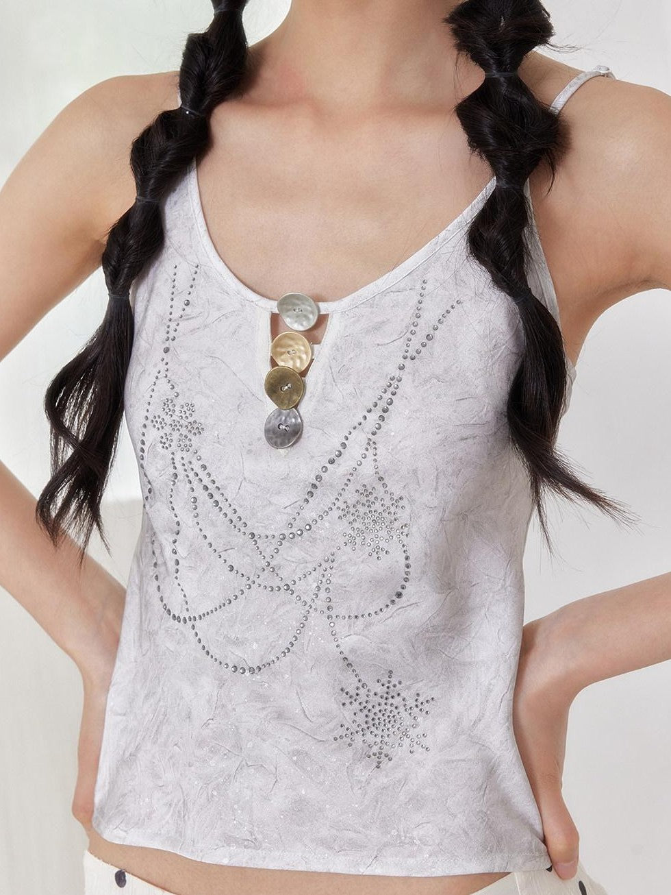 SENSELF Gray Silver Sequin Rhinestone Necklace Print Button Cutout Women's Camisoles