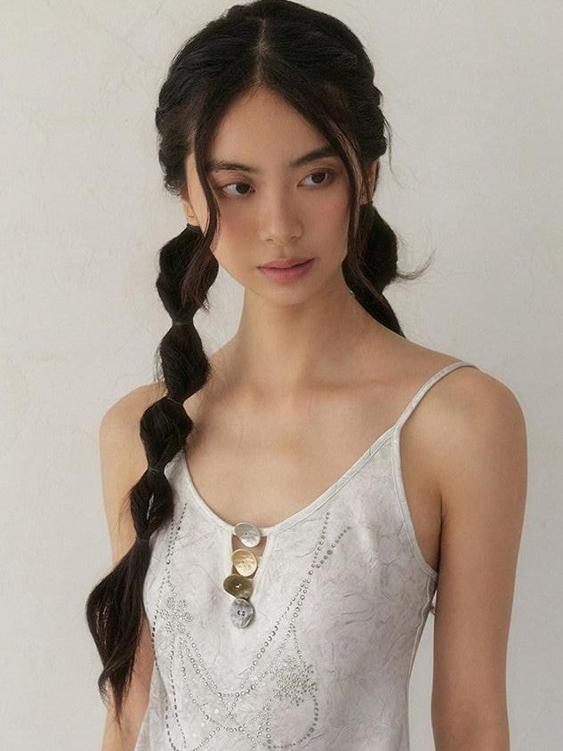 SENSELF Gray Silver Sequin Rhinestone Necklace Print Button Cutout Women's Camisoles