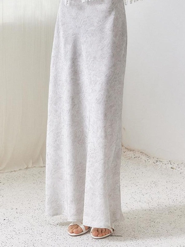 SENSELF Gray White Silver Sequin Foil Rhinestone Necklace Print Women's Slip Maxi Dresses