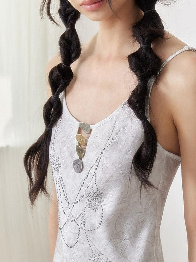 SENSELF Gray White Silver Sequin Foil Rhinestone Necklace Print Women's Slip Maxi Dresses
