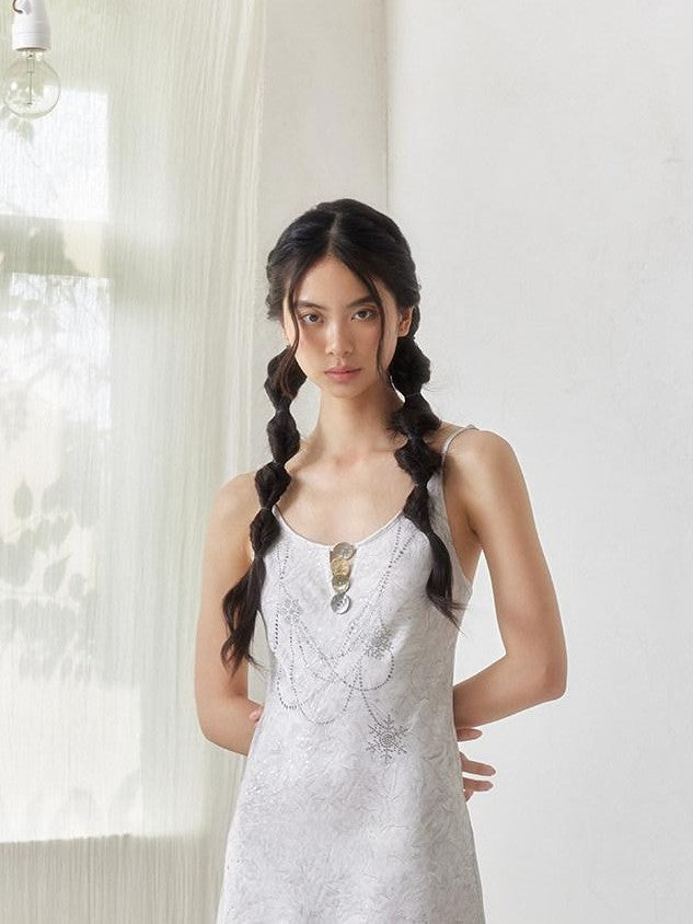 SENSELF Gray White Silver Sequin Foil Rhinestone Necklace Print Women's Slip Maxi Dresses