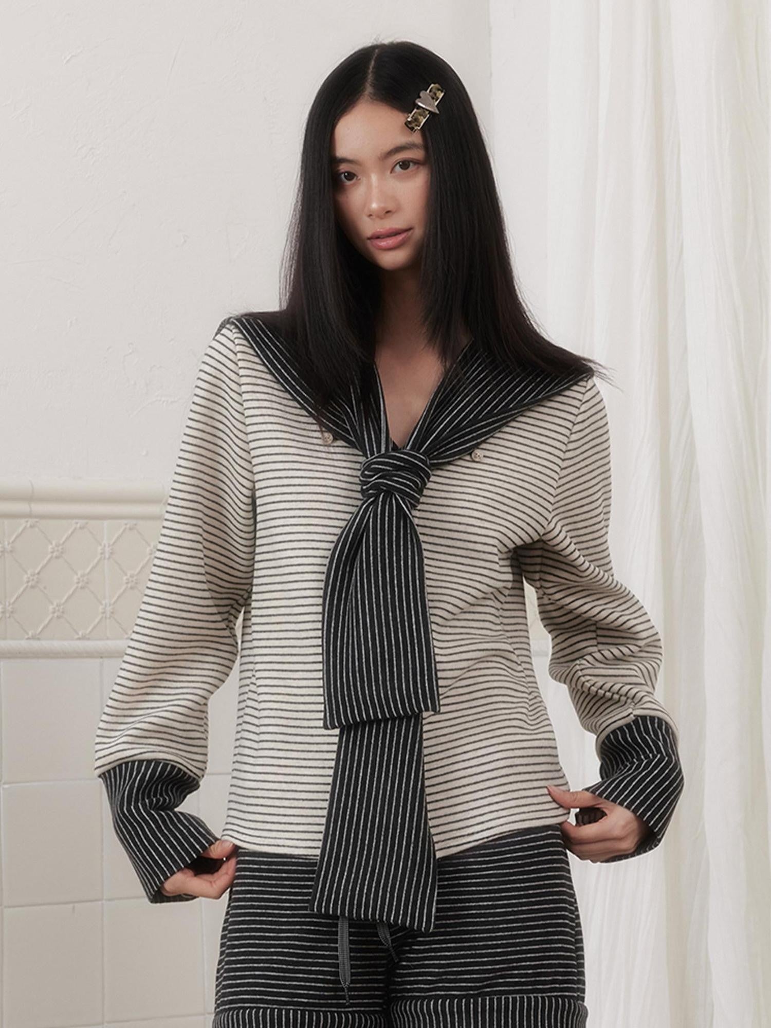 SENSELF Gray White Striped Patchwork Sailor Collar Scarf Women's Knit Cardigans