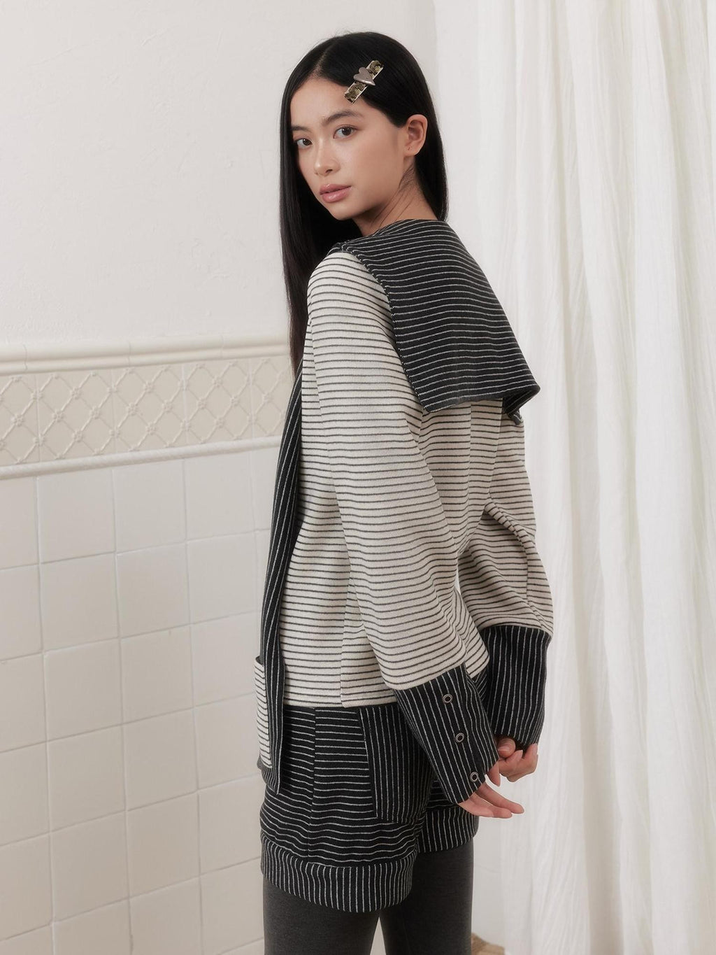 SENSELF Gray White Striped Patchwork Sailor Collar Scarf Women's Knit Cardigans